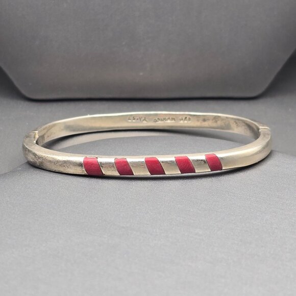 Taxco Sterling Silver Red Coral Inlay Bracelet Hinged Bangle 7" Modernist VTG - Picture 6 of 12